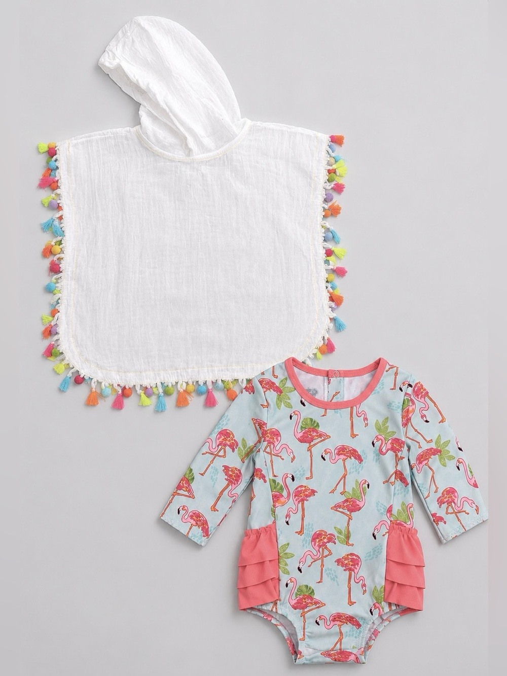 Mud Pie Baby Flamingo Rash Guard Swimsuit & Hooded Tassel Cover Up Set 9-12M